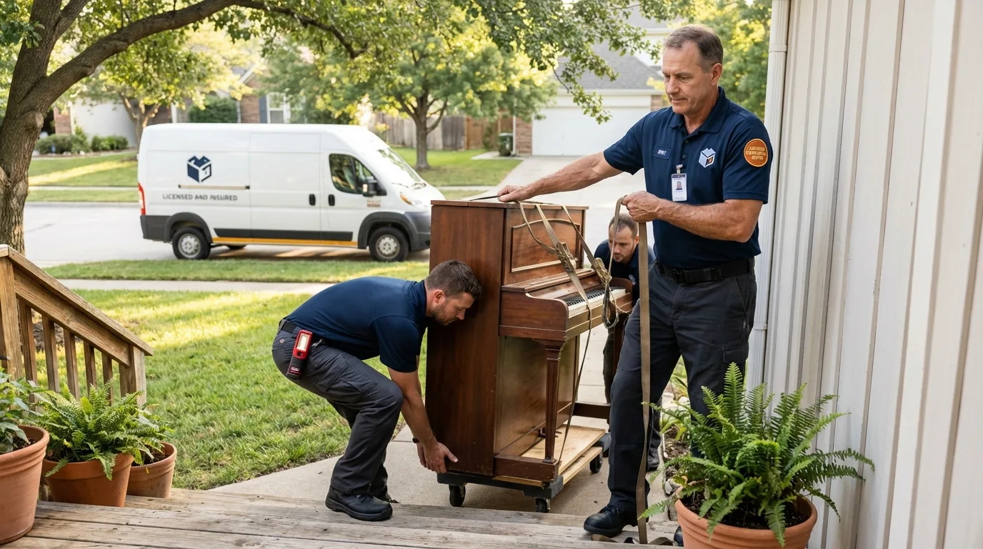 Licensed piano movers securing grand piano in Colorado City, CO