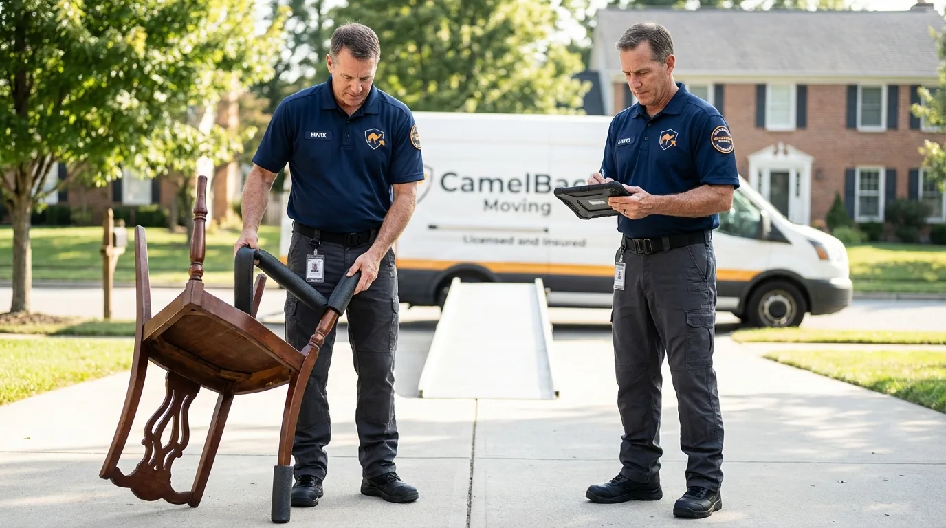 Movers inspecting furniture for damage prevention before loading in Colorado City, CO