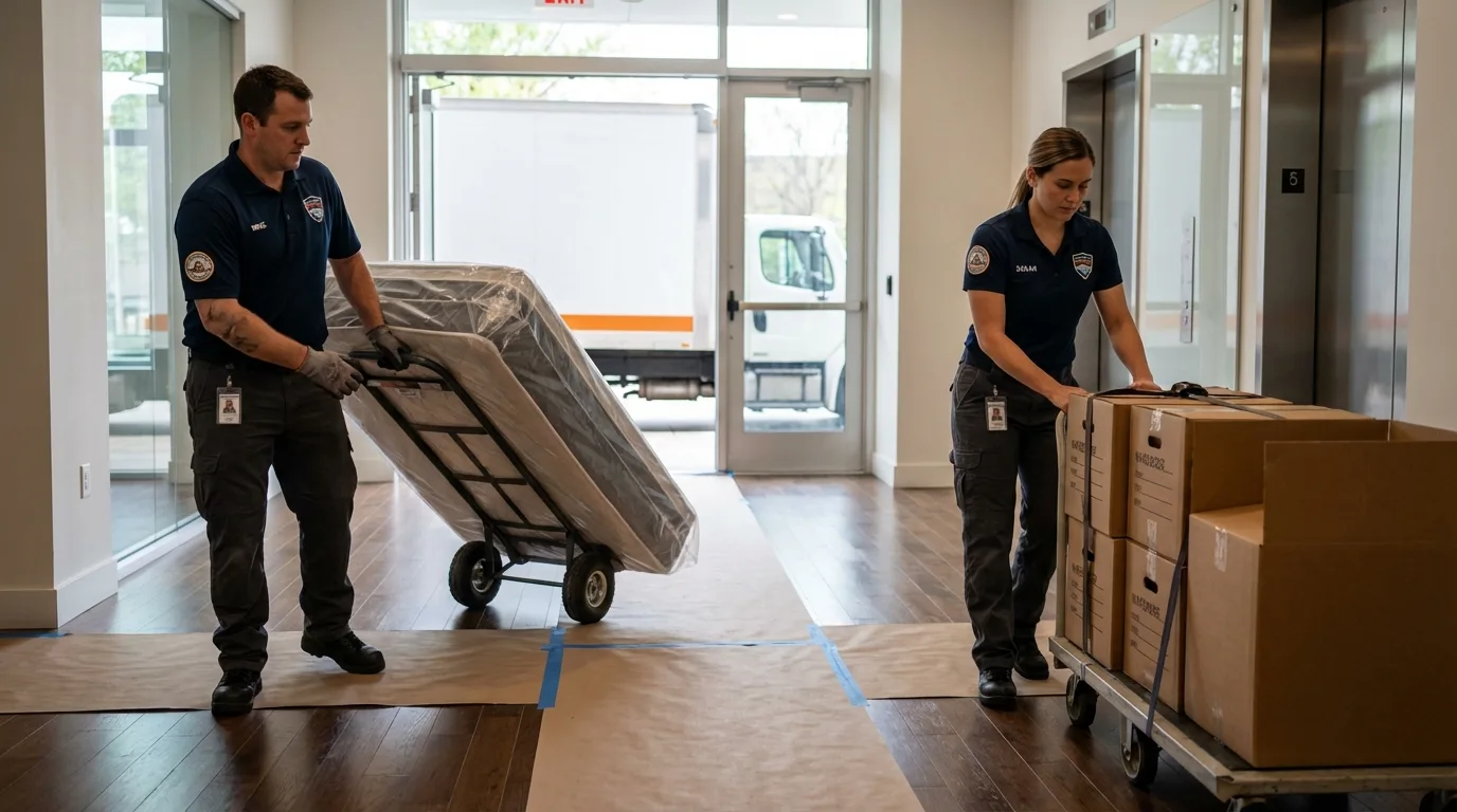 Professional apartment movers loading elevator in Colorado City, CO