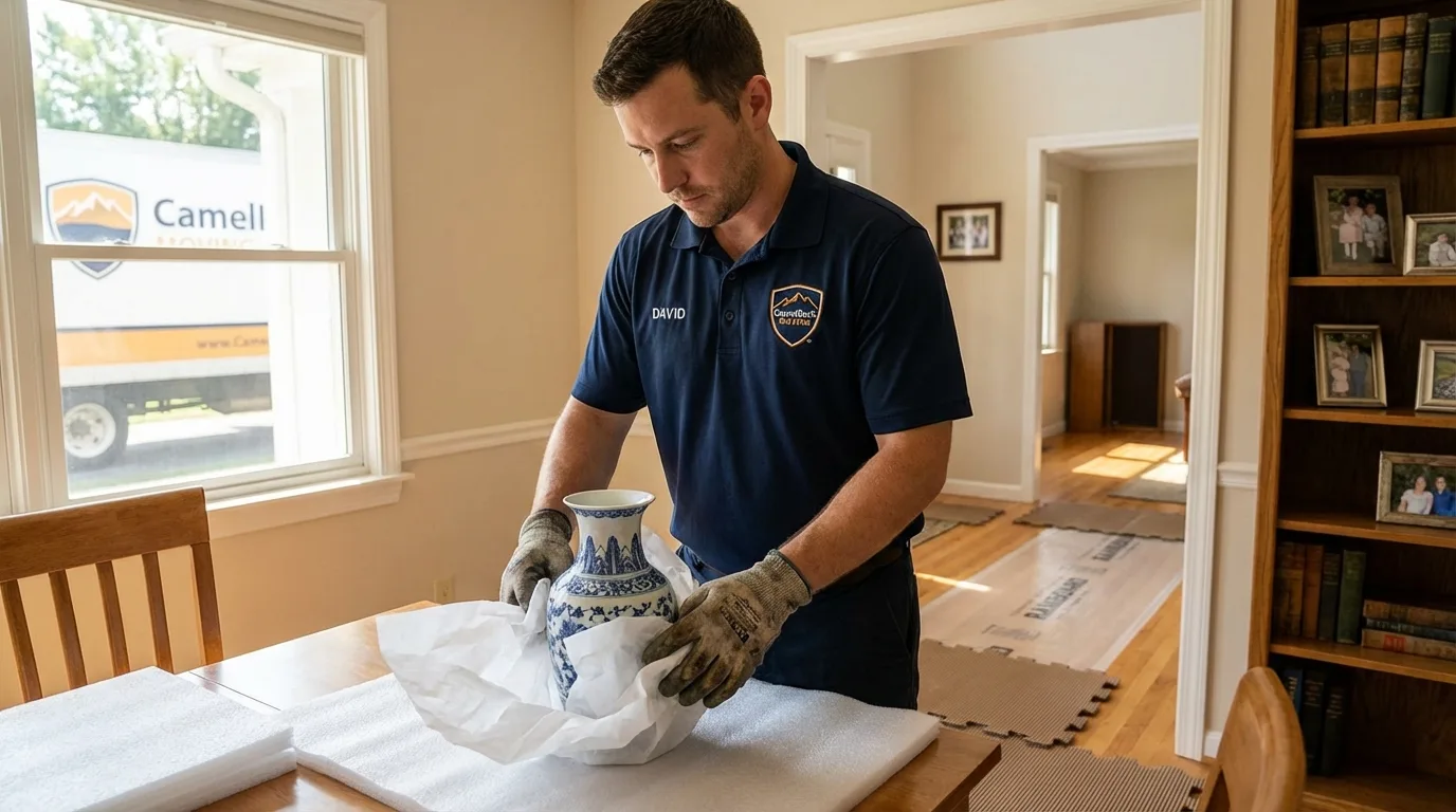 Professional crew carefully wrapping antique vase for senior downsizing move in Colorado City, CO